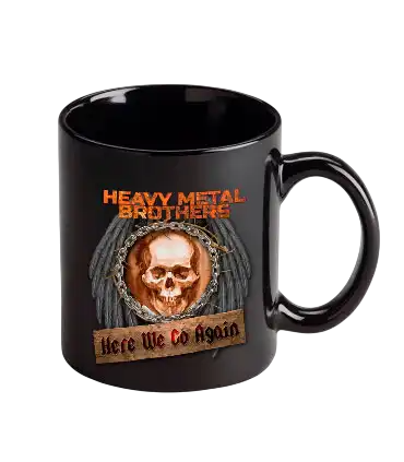 Exclusiva taza Heavy Metal Brothers con diseño único de calavera con alas y mensaje "Here we go again"